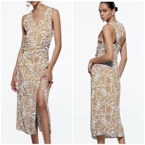 Zara Zebra Sleeveless Printed Dress in Sand Blue Size Small